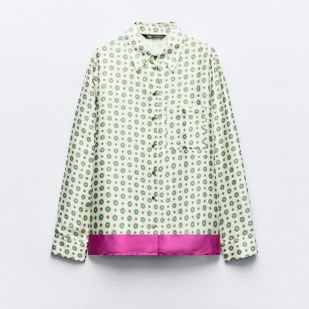 Zara White and Pink Patterned Button Down Silky Shirt